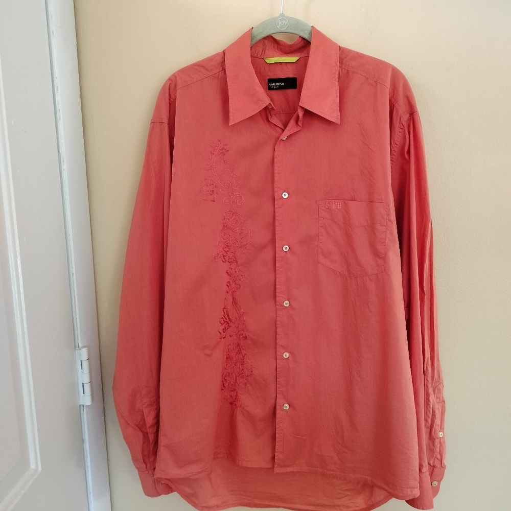 Havana Nines Mens Coral Embroidered Long Sleeve Cotton Shirt L Vacation Miami